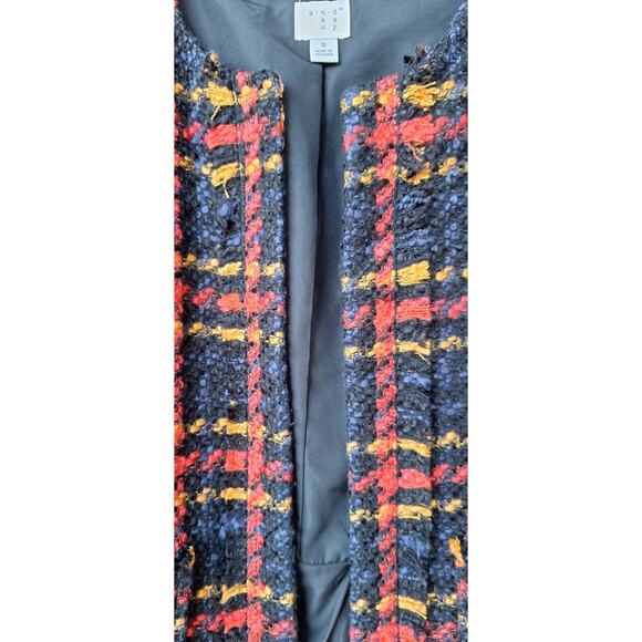 Tweed Bouclé Lady Jacket Fall Winter Blazer Plaid Black Orange-Red Yellow Size S - Picture 10 of 11